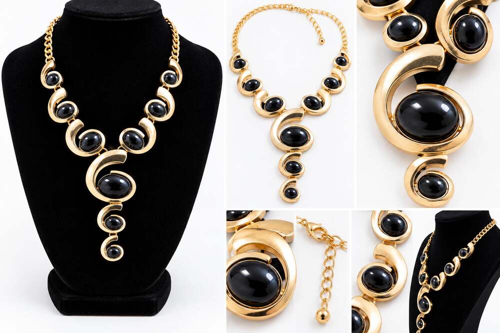 Women's Gold Tone Black Oval Stone Swirl Y-Drop Statement Necklace